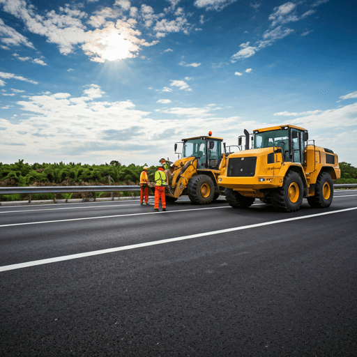 Modern road construction with workers and heavy machinery