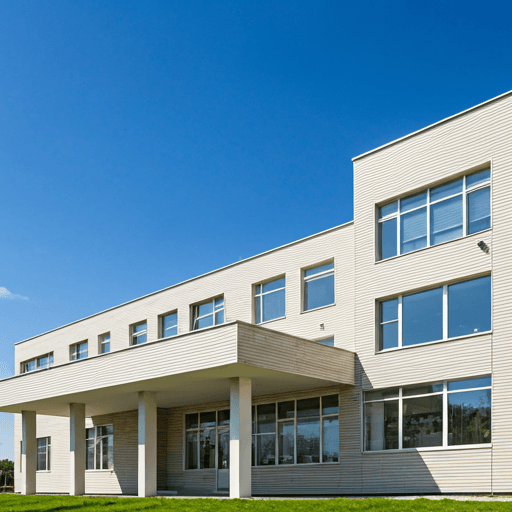 Modern elementary school building facade with colorful windows